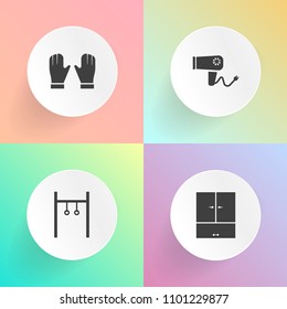 Modern, simple vector icon set on gradient backgrounds with object, glove, closet, equipment, hairdryer, hairstyle, healthy, dry, house, gymnast, white, beauty, wardrobe, exercise, hairdresser icons