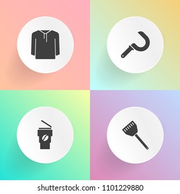 Modern, simple vector icon set on gradient backgrounds with farm, hot, takeaway, clothes, away, field, wheat, pot, coffee, jacket, kitchen, apparel, knife, drink, nature, sign, wear, tool, cup icons