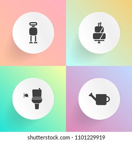Modern, simple vector icon set on gradient backgrounds with robotic, toilet, room, mechanical, gardening, nature, sweet, intelligence, dessert, container, can, robot, tool, water, pie, garden icons