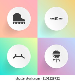 Modern, simple vector icon set on gradient backgrounds with charcoal, care, fire, summer, concert, buckle, poster, stand, banner, bbq, object, keyboard, car, rollup, grilled, grilling, seat, up icons