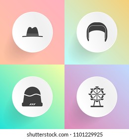 Modern, simple vector icon set on gradient backgrounds with uniform, safety, amusement, wheel, object, fashion, cap, helmet, building, headwear, eye, sign, ferris, work, style, equipment, joy icons