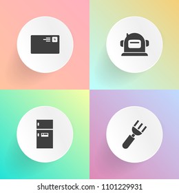 Modern, simple vector icon set on gradient backgrounds with business, cutlery, knife, fridge, cosmonaut, white, dinner, empty, silverware, internet, message, cold, science, helmet, fork, spoon icons