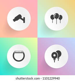 Modern, simple vector icon set on gradient backgrounds with guard, clock, device, hand, safety, shiny, smart, surprise, watch, gadget, helium, birthday, party, art, video, touch, security, happy icons
