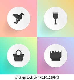 Modern, simple vector icon set on gradient backgrounds with beverage, red, brown, fashion, background, creative, crown, accessory, bottle, glass, abstract, drink, decoration, winery, king, paper icons