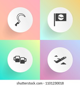 Modern, simple vector icon set on gradient backgrounds with bar, glass, trip, gardening, agriculture, airport, lager, tourism, pub, plane, beer, aviation, flight, jet, japanese, departure, cold icons