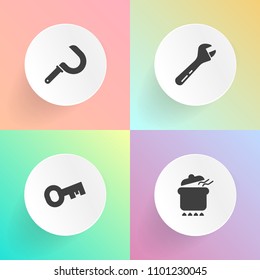 Modern, simple vector icon set on gradient backgrounds with safe, diet, business, homemade, repair, harvesting, cook, spanner, rural, key, chicken, hammer, wrench, screwdriver, wheat, nature icons