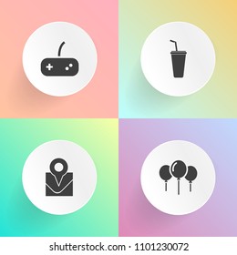 Modern, simple vector icon set on gradient backgrounds with pin, cup, holiday, joystick, celebration, air, glass, web, navigation, balloon, happy, position, cocktail, technology, juice, map, fun icons