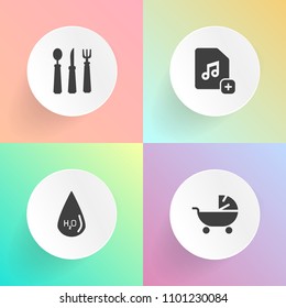 Modern, simple vector icon set on gradient backgrounds with fork, music, liquid, kid, file, family, document, child, water, eat, clean, paper, add, spoon, dinner, care, stroller, web, kitchen icons