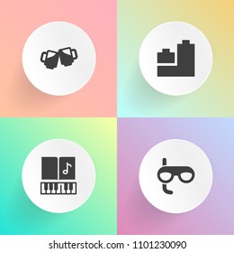 Modern, simple vector icon set on gradient backgrounds with beverage, pint, ball, lager, mug, vacation, car, musical, summer, froth, toy, water, liquid, alcohol, clef, sound, duck, treble, sport icons