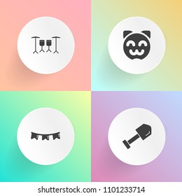 Modern, simple vector icon set on gradient backgrounds with happy, saw, rhythm, animal, screwdriver, japanese, holiday, asian, young, instrument, banner, cat, building, girl, party, festival icons