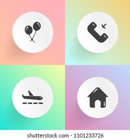 Modern, simple vector icon set on gradient backgrounds with celebration, airplane, plane, outgoing, helium, holiday, air, happy, fun, urban, celebrate, travel, mobile, luggage, arrival, message icons