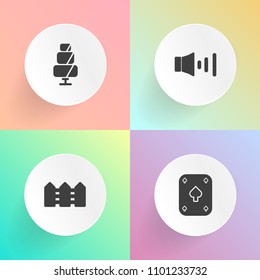 Modern, simple vector icon set on gradient backgrounds with music, menu, game, breakfast, vegas, fence, cupcake, chocolate, loud, poker, win, doughnut, play, cookie, garden, casino, barrier icons