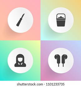 Modern, simple vector icon set on gradient backgrounds with earphone, cook, style, beauty, restaurant, volume, knife, face, portrait, headphone, person, entertainment, ear, chef, lady, girl, can icons