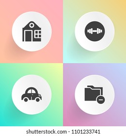 Modern, simple vector icon set on gradient backgrounds with transportation, equipment, paperwork, concept, building, training, transport, office, architecture, house, document, property, sport icons