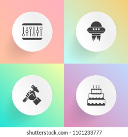 Modern, simple vector icon set on gradient backgrounds with spaceship, bakery, industrial, construction, cream, spacecraft, pastry, space, sugar, shape, delicious, dessert, male, baked, pie, ufo icons