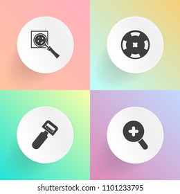 Modern, simple vector icon set on gradient backgrounds with plastic, magnify, potato, zoom, vegas, poker, game, cook, healthy, vegetable, internet, peeler, utensil, tool, fortune, peel, plus icons