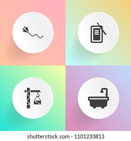 Modern, simple vector icon set on gradient backgrounds with toy, joy, inkstone, pen, kite, saw, male, collection, paintbrush, equipment, hammer, child, happy, bath, room, repair, culture, sign icons
