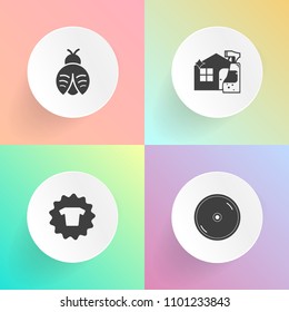 Modern, simple vector icon set on gradient backgrounds with cd, apparel, summer, water, dragon, clean, music, spray, lady, t-shirt, animal, home, housework, fly, black, mop, record, butterfly icons