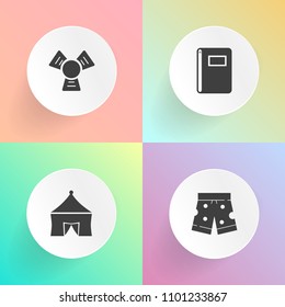 Modern, simple vector icon set on gradient backgrounds with paper, circus, festival, tent, equipment, drink, style, container, object, uniform, cool, clothing, fashion, shorts, template, white icons