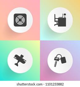 Modern, simple vector icon set on gradient backgrounds with auto, table, desk, business, alarm, electric, heat, space, lock, transport, travel, blower, cooling, aviation, work, car, fan, office icons