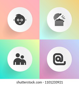 Modern, simple vector icon set on gradient backgrounds with letter, website, boy, business, mail, pictogram, human, group, beverage, restaurant, family, child, message, beautiful, silhouette icons