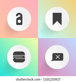 Modern, simple vector icon set on gradient backgrounds with warning, hotel, web, cheeseburger, cartoon, chat, quiet, face, book, sandwich, sign, tomato, menu, door, burger, bread, meal, bookmark icons