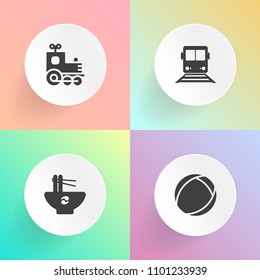 Modern, simple vector icon set on gradient backgrounds with equipment, soccer, train, lunch, subway, cuisine, kid, transportation, round, bowl, ball, toy, cartoon, modern, play, railroad, road icons