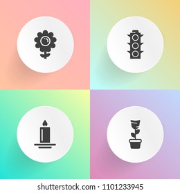 Modern, simple vector icon set on gradient backgrounds with traffic, natural, yellow, flower, plant, nature, glowing, wedding, interior, red, bright, celebration, holiday, garden, pot, candle icons