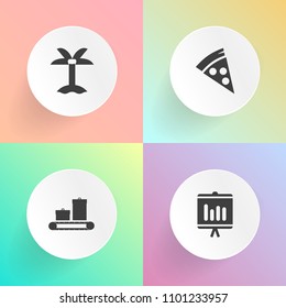 Modern, simple vector icon set on gradient backgrounds with diagram, plant, summer, travel, graph, suitcase, transportation, pizza, luggage, pepperoni, chart, nature, leaf, background, dinner icons