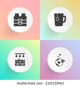 Modern, simple vector icon set on gradient backgrounds with astronaut, earth, galaxy, tea, universe, cocktail, vest, beer, glass, star, bar, cosmos, safety, protective, technology, cup, graphic icons