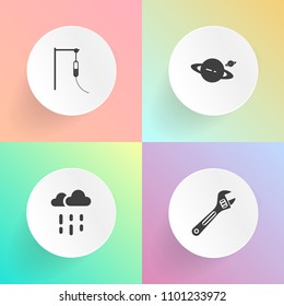 Modern, simple vector icon set on gradient backgrounds with wrench, abstract, rain, screwdriver, light, spanner, space, hammer, metal, raindrop, web, white, autumn, tool, hospital, storm, planet icons