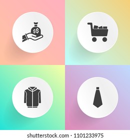 Modern, simple vector icon set on gradient backgrounds with sale, web, style, hand, button, finance, apparel, casual, sack, winter, dollar, business, white, sign, cash, wealth, clothes, suit icons