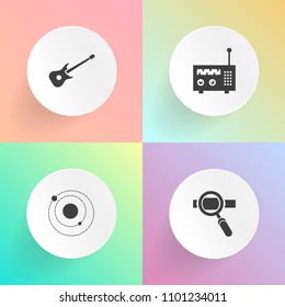 Modern, simple vector icon set on gradient backgrounds with space, jazz, equipment, communication, earth, concert, jupiter, laptop, sign, engine, science, development, graphic, galaxy, seo, web icons