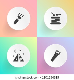 Modern, simple vector icon set on gradient backgrounds with instrument, mountain, saxophone, silverware, meal, recreation, violin, camp, fork, green, work, travel, sound, blade, knife, vacation icons