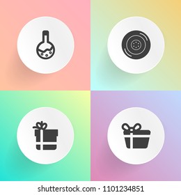 Modern, simple vector icon set on gradient backgrounds with service, celebration, xmas, rubber, steel, love, present, automobile, dentistry, laboratory, decoration, gift, prosthesis, science icons