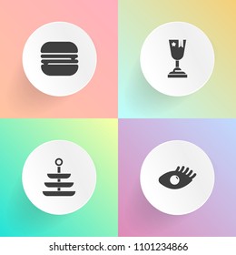 Modern, simple vector icon set on gradient backgrounds with beautiful, restaurant, kitchen, knife, young, woman, award, care, winner, lunch, clean, dish, tomato, snack, smile, girl, bread, fast icons