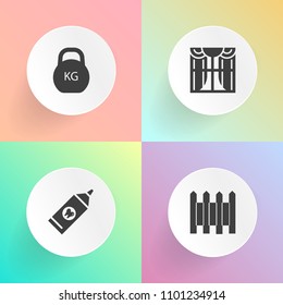 Modern, simple vector icon set on gradient backgrounds with safety, barrier, dumbbell, iron, care, curtain, medical, interior, metal, toothpaste, border, weight, window, room, hygiene, strength icons