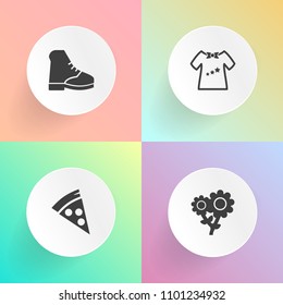 Modern, simple vector icon set on gradient backgrounds with wedding, kid, pink, floral, cotton, object, petal, baby, footwear, flower, girl, shoe, pizza, food, slice, foot, wear, restaurant, boy icons