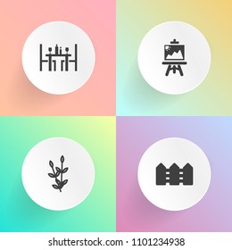 Modern, simple vector icon set on gradient backgrounds with garden, yellow, chef, knife, picket, food, paint, farm, restaurant, painter, object, grain, plant, agriculture, fork, fence, natural icons