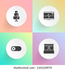 Modern, simple vector icon set on gradient backgrounds with chocolate, supermarket, turn, dessert, pulse, electrical, electricity, buy, finger, cafe, button, grocery, customer, home, commerce icons