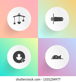 Modern, simple vector icon set on gradient backgrounds with nursery, seafood, childhood, equipment, wine, network, digital, bedtime, flash, kid, meat, bread, pizza, birthday, profile, restaurant icons