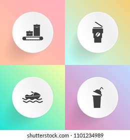 Modern, simple vector icon set on gradient backgrounds with industrial, coffee, trolley, shipping, travel, sea, take, white, industry, cargo, mug, hot, beverage, tea, takeaway, restaurant, port icons