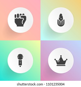 Modern, simple vector icon set on gradient backgrounds with jewelry, vegetable, diet, yellow, royal, nutrition, robot, princess, king, food, people, music, mic, element, queen, vegetarian, human icons