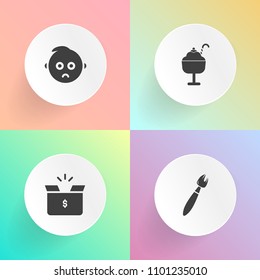 Modern, simple vector icon set on gradient backgrounds with food, portrait, storage, packaging, cardboard, cone, art, dessert, cream, box, artist, sweet, summer, boy, drawing, tool, infant, baby icons