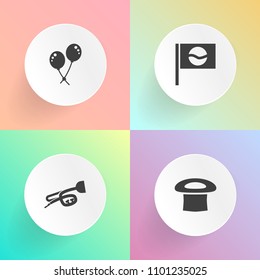 Modern, simple vector icon set on gradient backgrounds with bright, celebration, birthday, japanese, air, horn, helmet, sound, hat, helium, cap, architecture, worker, party, concert, celebrate icons