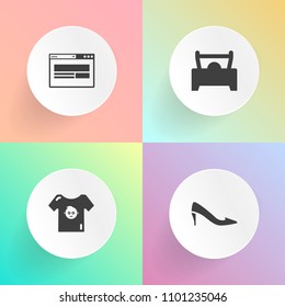 Modern, simple vector icon set on gradient backgrounds with silhouette, female, automobile, high, clothes, style, business, kid, foot, girl, fashion, small, elegant, car, automotive, website icons