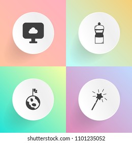 Modern, simple vector icon set on gradient backgrounds with astronomy, cloud, technology, blue, night, broom, orbit, geography, wand, connection, globe, galaxy, object, equipment, science, mop icons