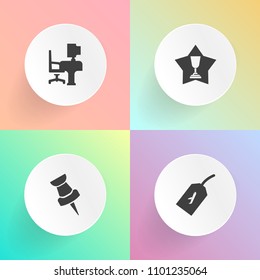 Modern, simple vector icon set on gradient backgrounds with airplane, mark, award, notebook, fly, position, keyboard, top, first, transportation, workplace, pointer, note, tag, place, pin, sign icons