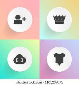 Modern, simple vector icon set on gradient backgrounds with queen, social, weather, fashion, cloud, crown, technology, account, profile, person, clothing, people, newborn, white, jewelry, small icons