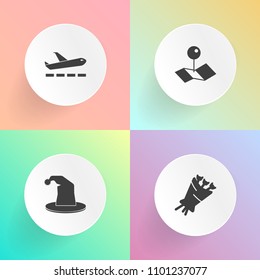 Modern, simple vector icon set on gradient backgrounds with position, trip, departure, bunch, airport, art, airplane, show, location, fly, marker, aviation, place, decoration, petal, travel, map icons
